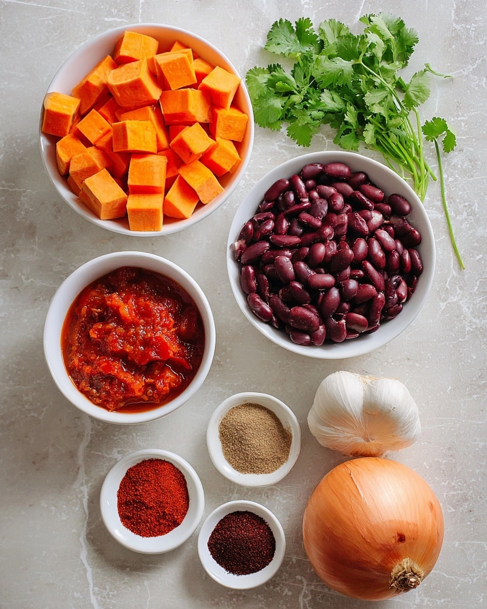 A top-down view of various ingredients arranged on a white marbled surface, including three small white bowls filled with bright orange cubed sweet potatoes, deep dark red kidney beans, and chunky red diced tomatoes in sauce. Nearby are three smaller white dishes holding different spices: a deep red chili powder, a dark reddish-brown spice, and a light brown spice. A whole light brown onion and a bulb of garlic with white papery skin rest beside a small bunch of fresh green cilantro leaves. The composition is neat and colorful, showcasing the fresh and dried ingredients clearly in natural light photo taken with an iphone --ar 4:5 --v 7
