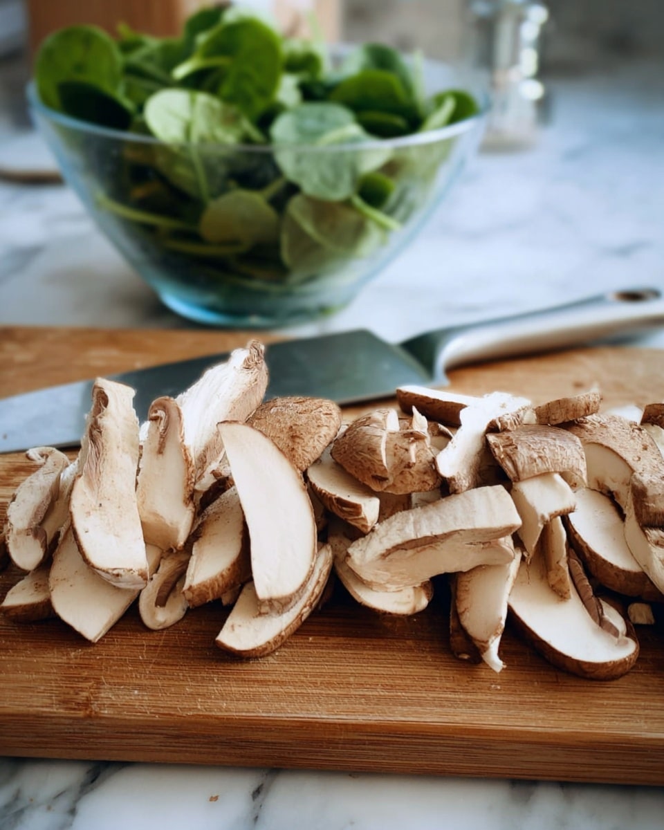 A pile of light brown and white sliced mushrooms forming uneven layers is placed on a brown cutting board. Behind the mushrooms, a knife with a grey handle lies flat on the board, partially blurred. In the background, there is a transparent bowl filled with fresh green spinach leaves. The entire scene is set on a white marbled textured surface. photo taken with an iphone --ar 4:5 --v 7