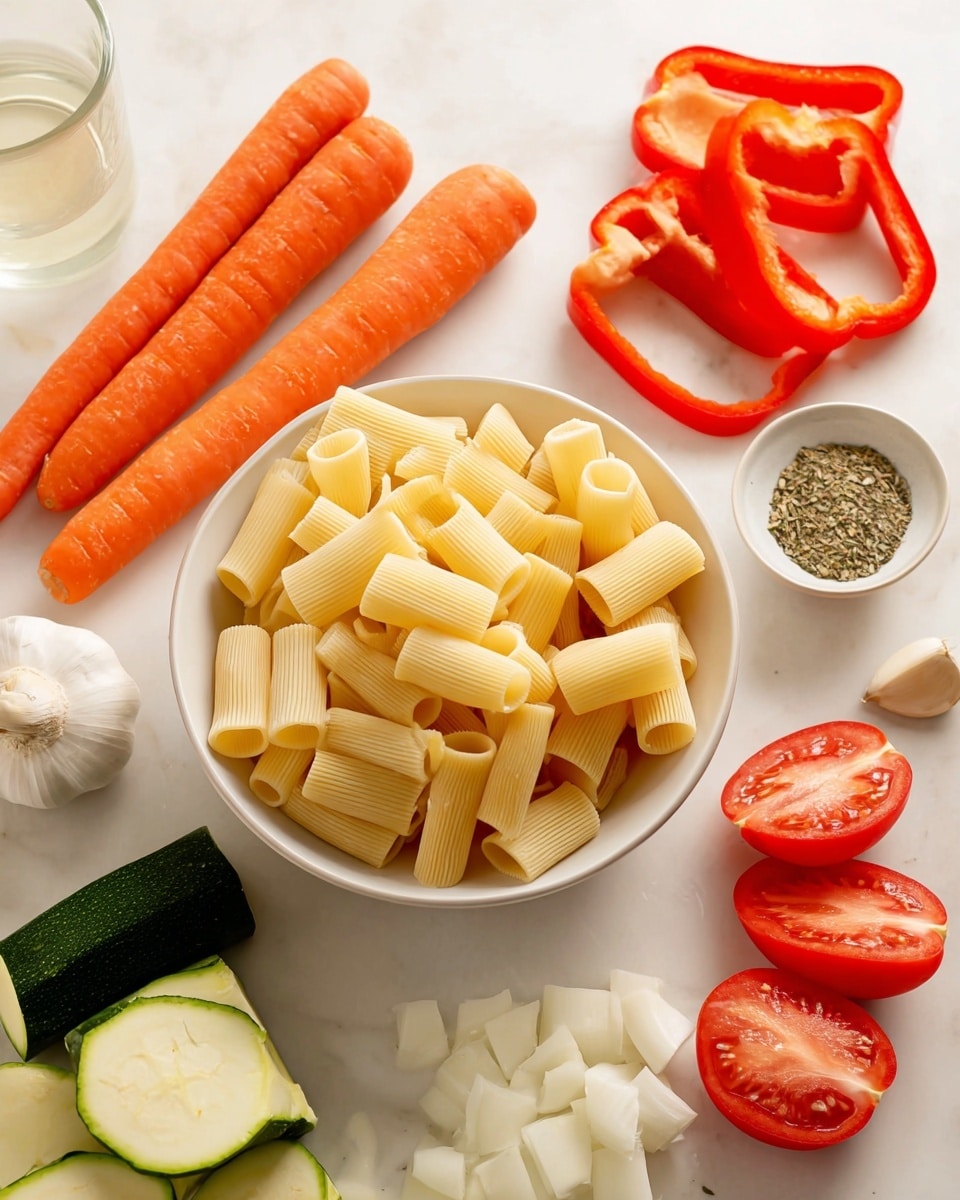 A white bowl filled with dry rigatoni pasta, pale yellow and smooth, sits near the center of a white marbled surface. Around it, there are several fresh vegetables: three bright orange whole carrots on the left, a bright red bell pepper cut into two large hollow halves below the carrots, several pieces of light green zucchini with white interiors cut into chunks at the bottom left, and five red tomato halves with visible seeds and juicy texture near the bottom center. On the right side, there are chunks of white onion, a whole garlic bulb, a small white bowl with mixed dried herbs and powder, and a glass containing a white liquid in the background. photo taken with an iphone --ar 4:5 --v 7