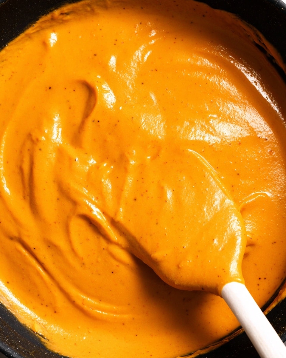 The image shows a close-up view of a single thick layer of smooth, bright orange sauce in a black pan. The sauce has a creamy texture with some subtle small specks. A white spatula is partially dipped in the sauce on the right side, lifting some of it, showing the glossy, velvety surface. The background is not visible, focusing only on the sauce and the pan edge. Photo taken with an iphone --ar 4:5 --v 7
