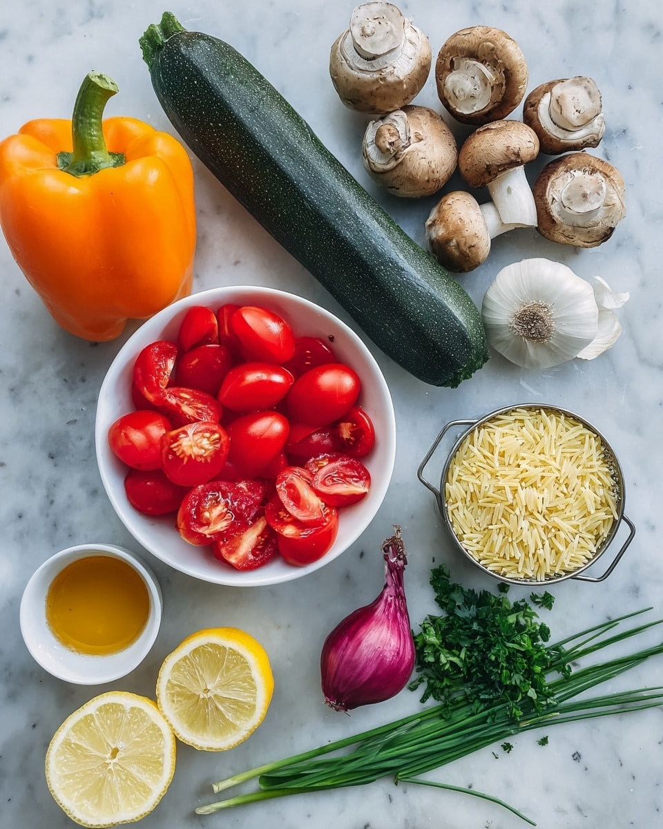A group of fresh ingredients spread out on a white marbled surface, including a whole dark green zucchini and a cluster of light brown mushrooms at the top, next to a bright orange bell pepper on the left side. Below them, there is a white bowl filled with shiny red grape tomatoes, some cut in half showing their juicy inside. To the right of the tomatoes, a small metal cup filled with dry yellow orzo pasta sits beside a small bunch of fresh green parsley, a bulb of white garlic, and a shiny purple onion. Near the bottom left, two halves of a bright yellow lemon lay open, showing the juicy inside, along with a small white bowl of golden honey or syrup and a small bunch of green chives. Photo taken with an iphone --ar 4:5 --v 7