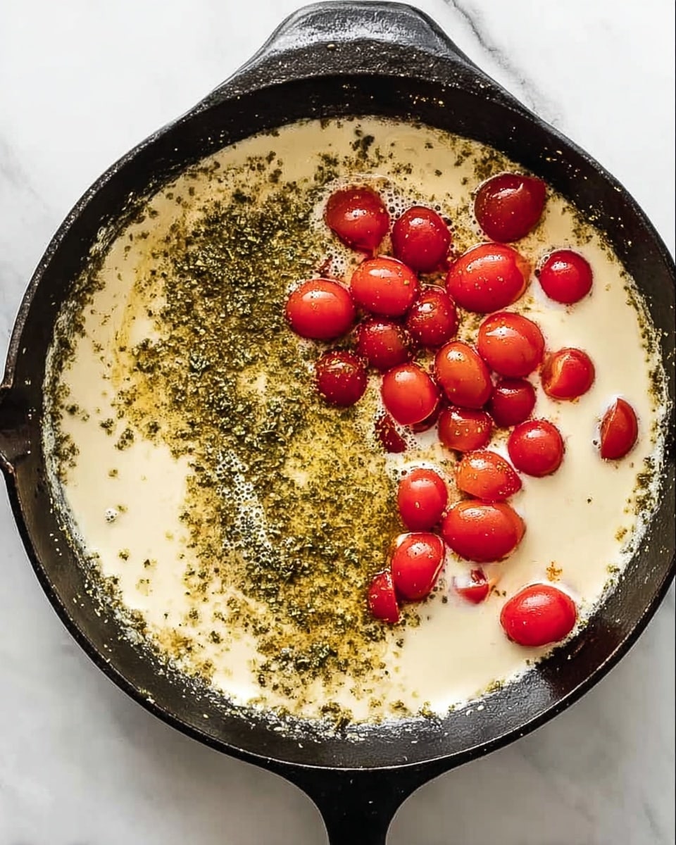 The image shows a top view of a black cast iron skillet placed on a white marbled surface. Inside the skillet, there is a creamy light brown liquid layer covering most of the base. On the right side of the skillet, a thick patch of greenish herbs and oil mix spreads unevenly over the creamy layer. Scattered mostly on the left side and center are several bright red cherry tomatoes, some partially coated with the creamy mixture. The skillet has two handles visible at the top and bottom edges. Photo taken with an iphone --ar 4:5 --v 7