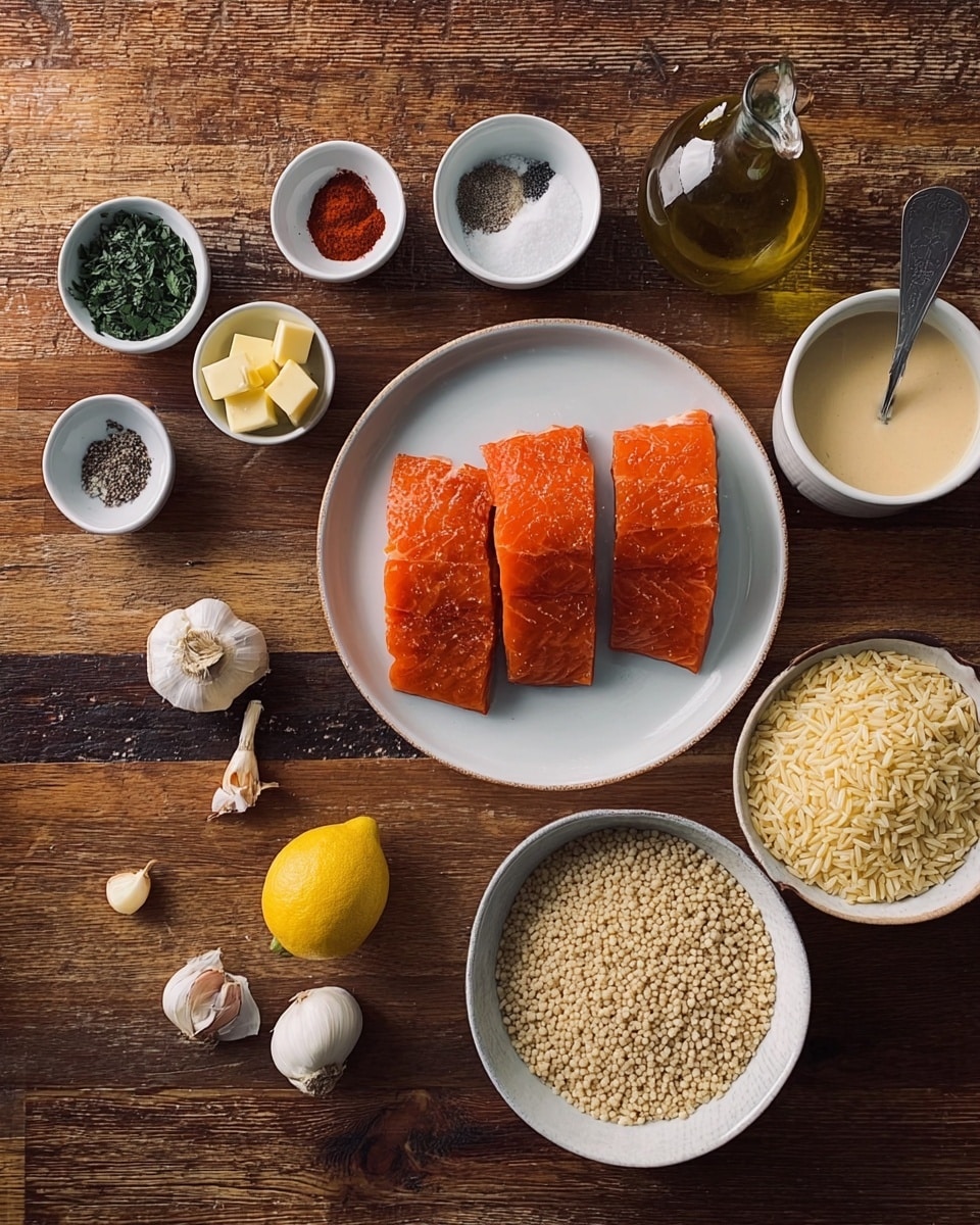 The image shows a wooden table with several white bowls and plates arranged neatly. In the center is a white plate with four bright orange pieces of raw fish, likely salmon, cleaned and smooth. Above that plate is a white bowl holding a creamy liquid with a spoon inside. To the left are three white bowls: one with green herbs, red chili powder, white salt, and black seeds arranged in small piles; one with small cubes of light yellow butter; and one smaller with ground black pepper. Nearby is a whole yellow lemon and two garlic cloves with papery skin. On the right, a glass bottle filled with golden olive oil catches the light. At the bottom center, a white bowl is filled with uncooked small rice grains or orzo, and at the bottom right, another bowl contains finely grated cheese. The whole setup is on a textured dark brown wooden surface replaced by a white marbled texture. Photo taken with an iphone --ar 4:5 --v 7
