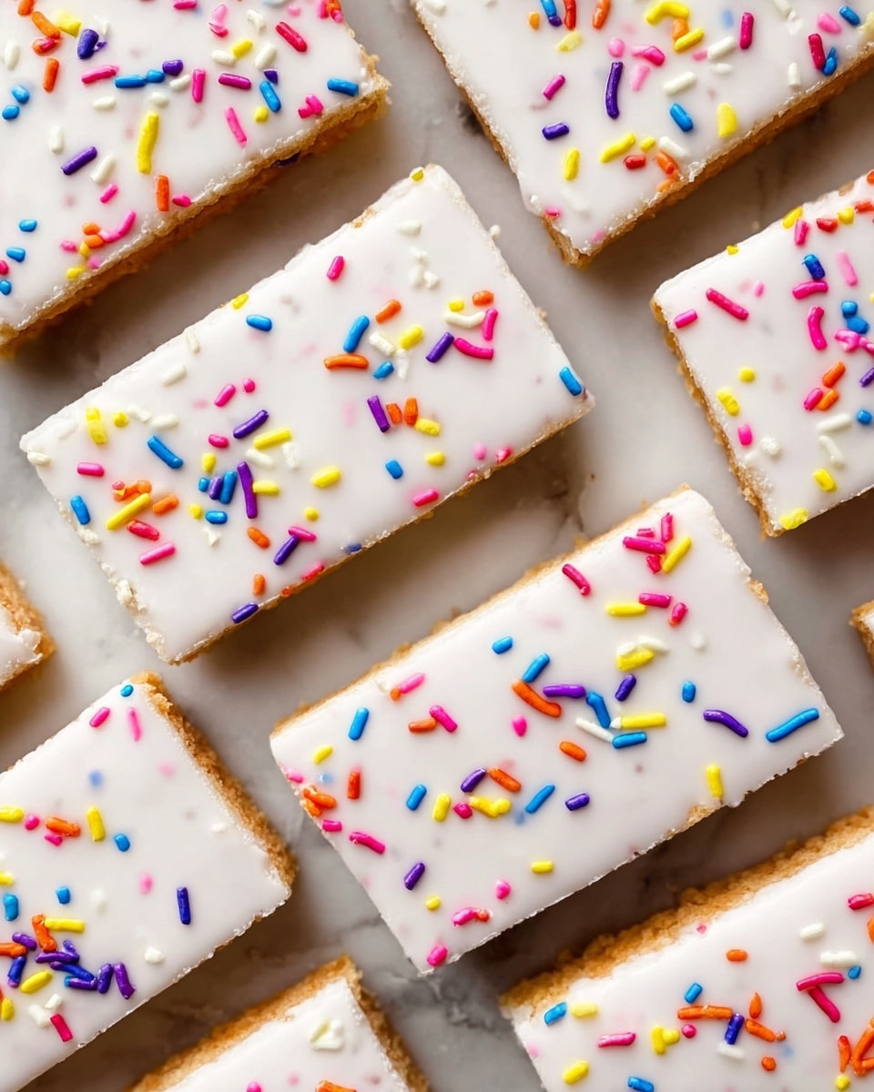 The image shows a close-up of rectangular pastries arranged in three rows on a white marbled surface. Each pastry has a thin, light brown base layer and is topped with a smooth, white icing layer that covers the entire top surface evenly. Scattered on the icing are small, brightly colored sprinkles in red, blue, yellow, orange, pink, purple, and white, giving a festive look. The pastries are cut into uniform sizes with visible straight edges. Photo taken with an iphone --ar 4:5 --v 7
