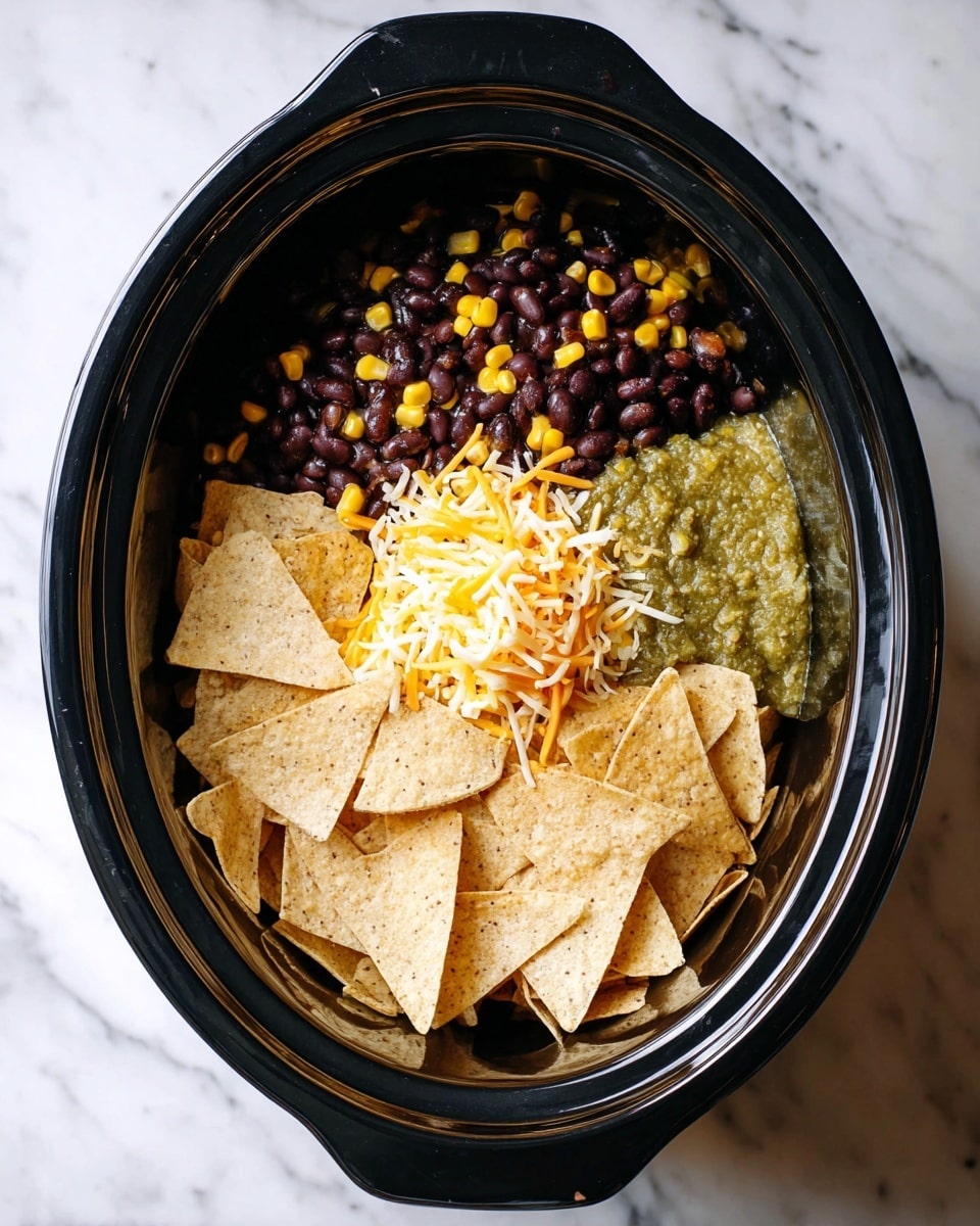 A black slow cooker filled with four main layers of ingredients, arranged side by side. On the left and bottom half, there is a large pile of light tan tortilla chips with a rough texture. Above the chips, in the top left corner, sits a layer of dark black beans with a shiny surface, mixed with some small yellow corn kernels. In the top right corner, there is a thick green chunky sauce or salsa. In the center of the cooker, a small mound of finely shredded cheese, mix of white and orange, rests between the beans and tortilla chips. The whole slow cooker is placed on a white marbled surface. Photo taken with an iphone --ar 4:5 --v 7