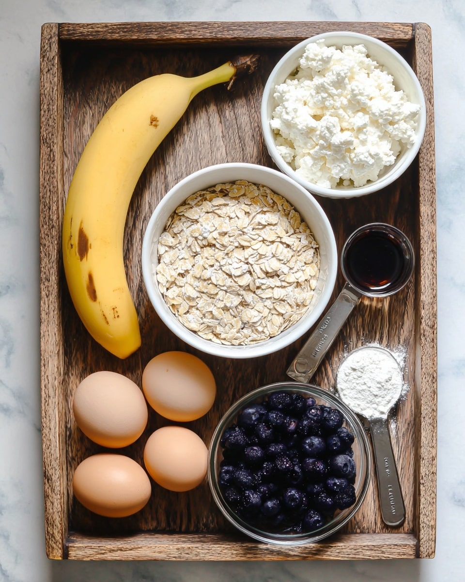 A rustic wooden tray holds several ingredients set against a white marbled surface. On the top left corner, there is a single yellow banana with a few brown spots. To its right, a white bowl filled with white, chunky cottage cheese. Below, a large white bowl filled with light beige rolled oats takes center left. On the bottom left are four brown eggs, arranged in a loose cluster. On the right side of the tray, a clear glass bowl brims with dark, plump blueberries. Above it, there is a small wooden measuring spoon filled with a dark liquid and near the bottom right corner, a metal teaspoon holds a small pile of white powder. photo taken with an iphone --ar 4:5 --v 7