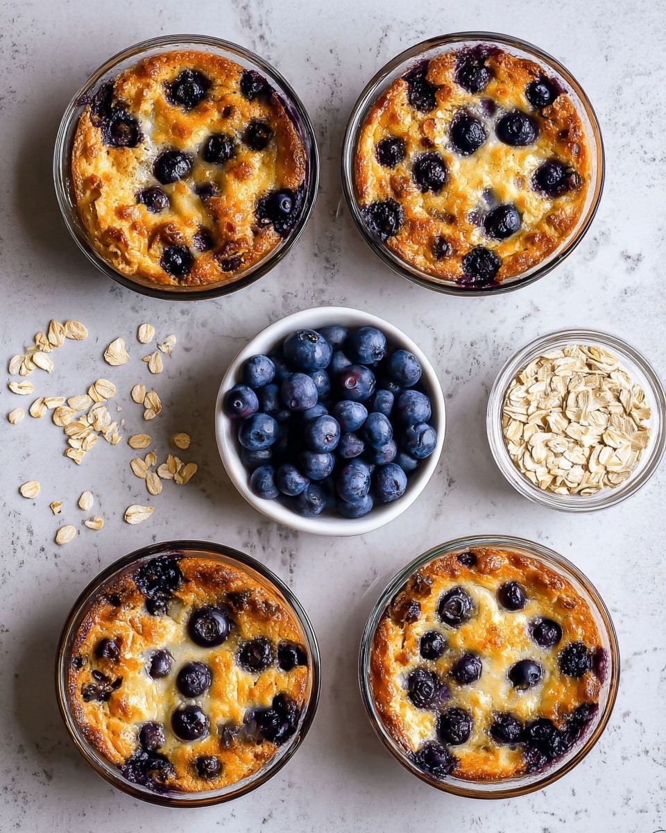 There are four clear glass bowls arranged in a square on a white marbled surface. Each bowl has a blueberry baked dish with a golden brown top, dotted with whole blueberries that are slightly sunken into the crust. The crust is uneven and crusty with some darker brown spots. Between the bowls, there is a small white bowl filled with fresh, dark blue blueberries and a small clear bowl filled with light beige rolled oats. Some oats are scattered on the marbled surface around the bowls. Photo taken with an iphone --ar 4:5 --v 7