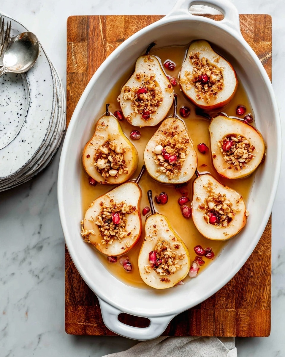 The image shows eight pear halves arranged in a large white oval baking dish with handles. Each pear half has a hollow center filled with granola pieces and small red dried berries, with some granola scattered around. The pears are light golden with a slight cinnamon dusting, and a syrupy glaze pools around them. The dish sits on a wooden cutting board over a white marbled surface. To the left, there are stacked white plates with grey spatters around a silver spoon resting on top. Photo taken with an iphone --ar 4:5 --v 7