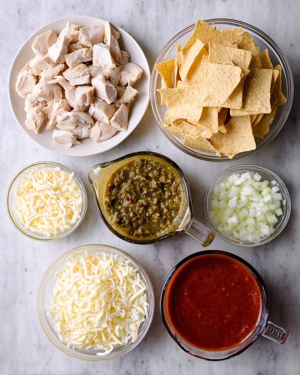 Seven containers of ingredients are arranged on a white marbled surface. At the bottom left, a white plate holds pieces of cooked chicken in pale beige and light brown colors with a soft texture. Above it, a clear glass bowl is filled with square pieces of light tan tortilla chips, stacked loosely. To the right of the tortilla chips, a small clear glass bowl contains finely chopped white onions. Below the onions, another small clear glass bowl holds shredded white cheese with a soft texture. In the center, a measuring cup with a handle and spout is filled with a green salsa that has visible small dark green pieces. To the right of that is a small tin can labeled