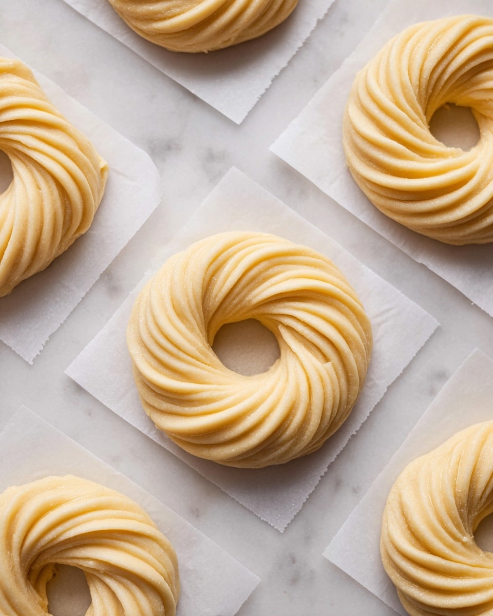 The image shows several light yellow ring-shaped dough pieces with ridged textures, each placed on small squares of white parchment paper. Each dough ring has a smooth, swirled pattern with defined grooves running along the circle, giving it a thick, soft look. The rings are arranged on a white marbled surface, spaced evenly apart. The dough has a matte finish with a slight sheen suggesting its fresh, uncooked state. Photo taken with an iphone --ar 4:5 --v 7