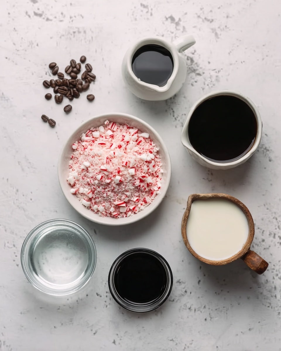 The image shows several small white bowls and glass containers arranged on a white marbled surface. In the center, there is a white bowl filled with crushed red and white peppermint pieces. Around it are small white bowls and jugs containing dark brown coffee and white milk, a clear glass pitcher with water, a small black cup, and some coffee beans scattered near the top. The scene is simple and clean, viewed from above with soft, natural light. photo taken with an iphone --ar 4:5 --v 7