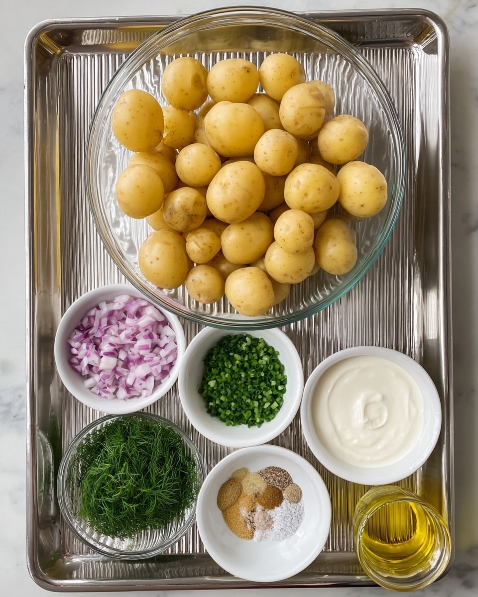 A top-down view of a silver tray holding several small white bowls and a large clear glass bowl filled with halved baby potatoes. The bowls contain chopped red onions, chopped green herbs, a creamy white sauce, a coarse mustard dollop, and a small bowl with mixed salt and pepper. There is also a clear glass container with yellow olive oil. The surface beneath is a white marbled texture. The items are arranged neatly in a grid layout. photo taken with an iphone --ar 4:5 --v 7