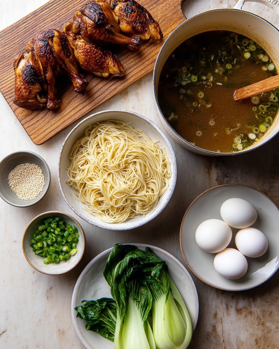 The image shows a meal with five parts on a white marbled surface. In the top left, a wooden board holds three pieces of grilled, browned chicken. Below that, a speckled bowl contains a pile of light yellow noodles with a soft texture. To the right of the noodles, a white pot with handles holds a clear brown broth with small green and light bits floating inside, and a ladle with a wooden handle rests in the pot. Above the pot, a clear bowl is filled with dark green toasted seaweed strips. At the bottom right, a speckled dish holds green grilled bok choy with some browned edges, next to it another small speckled plate has two smooth white boiled eggs, and a smaller bowl near the bottom has white sesame seeds. Nearby, a small dish holds finely sliced green onions and green shoots. Photo taken with an iphone --ar 4:5 --v 7
