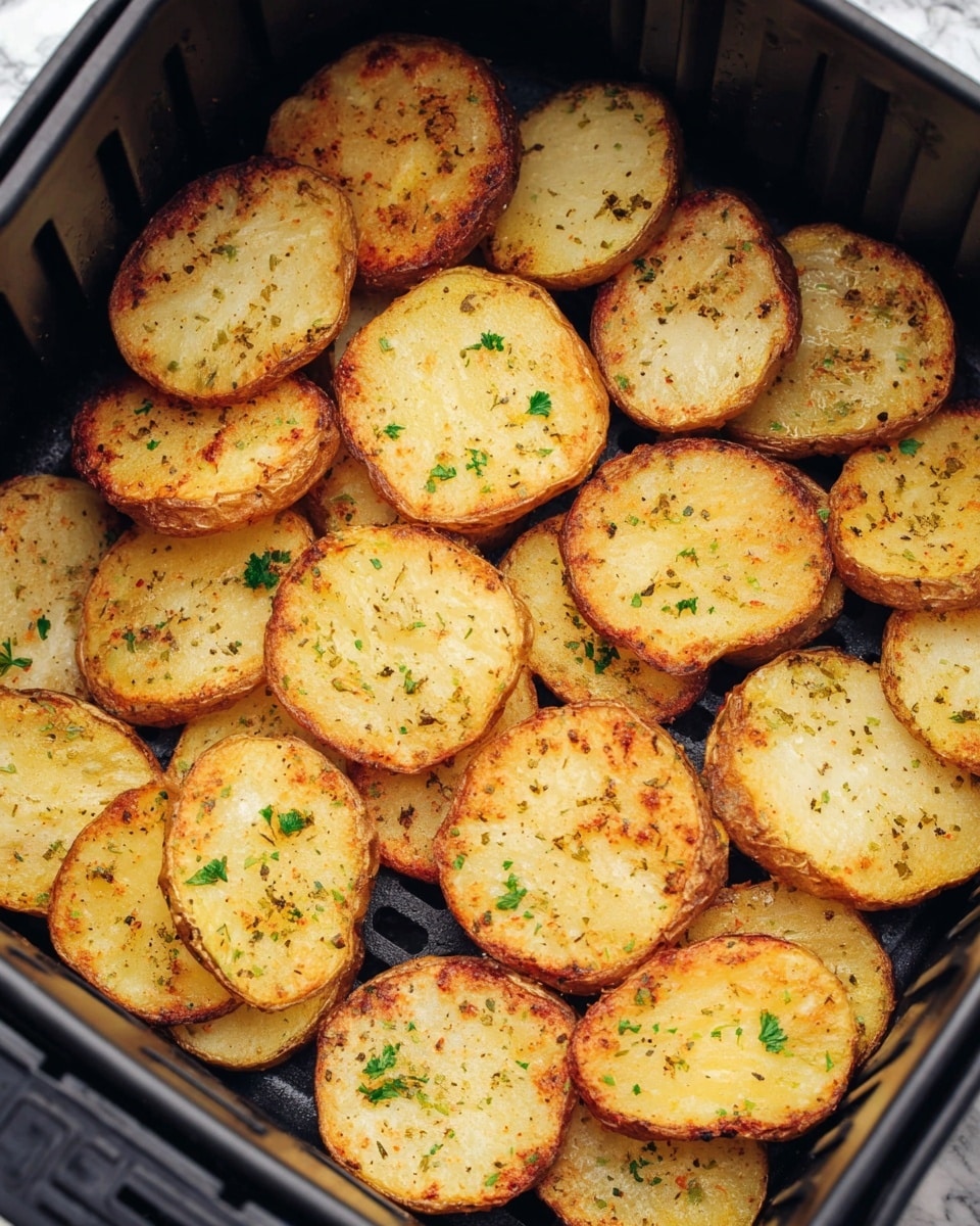The image shows a single layer of golden brown round potato slices arranged closely together in a black air fryer basket. The potato slices have a crispy texture with a slightly charred edge, sprinkled with small bits of green herbs. The background under the basket is not fully visible but should be imagined as a white marbled texture. Photo taken with an iphone --ar 4:5 --v 7