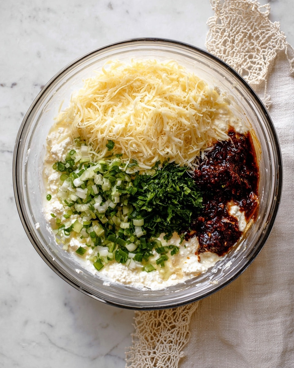 A clear glass bowl containing four sections of ingredients on a white marbled surface. At the bottom is a white creamy base, likely cottage cheese, topped on one side with a pile of pale yellow shredded cheese. Next to it is a small pile of chopped green onions and darker, finely chopped green herbs. On another side there is a dark reddish-brown chili paste or sauce, sitting thickly on the white base. Photo taken with an iphone --ar 4:5 --v 7