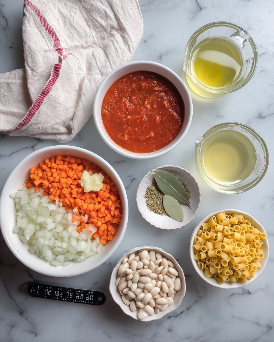 The image shows several bowls and measuring cups with ingredients arranged on a white marbled surface. One white bowl contains finely chopped white onions and orange carrots divided on each side, with a small pile of minced garlic on top near the center. Another white bowl is filled with large white beans. A small white dish holds a mixture of dried herbs and a bay leaf. There is a bowl of bright red tomato paste and a small cup with a light yellow liquid, possibly oil. Two clear measuring cups contain clear water and a yellow broth. A measuring cup holds small yellow pasta, and a black measuring spoon pointing to
