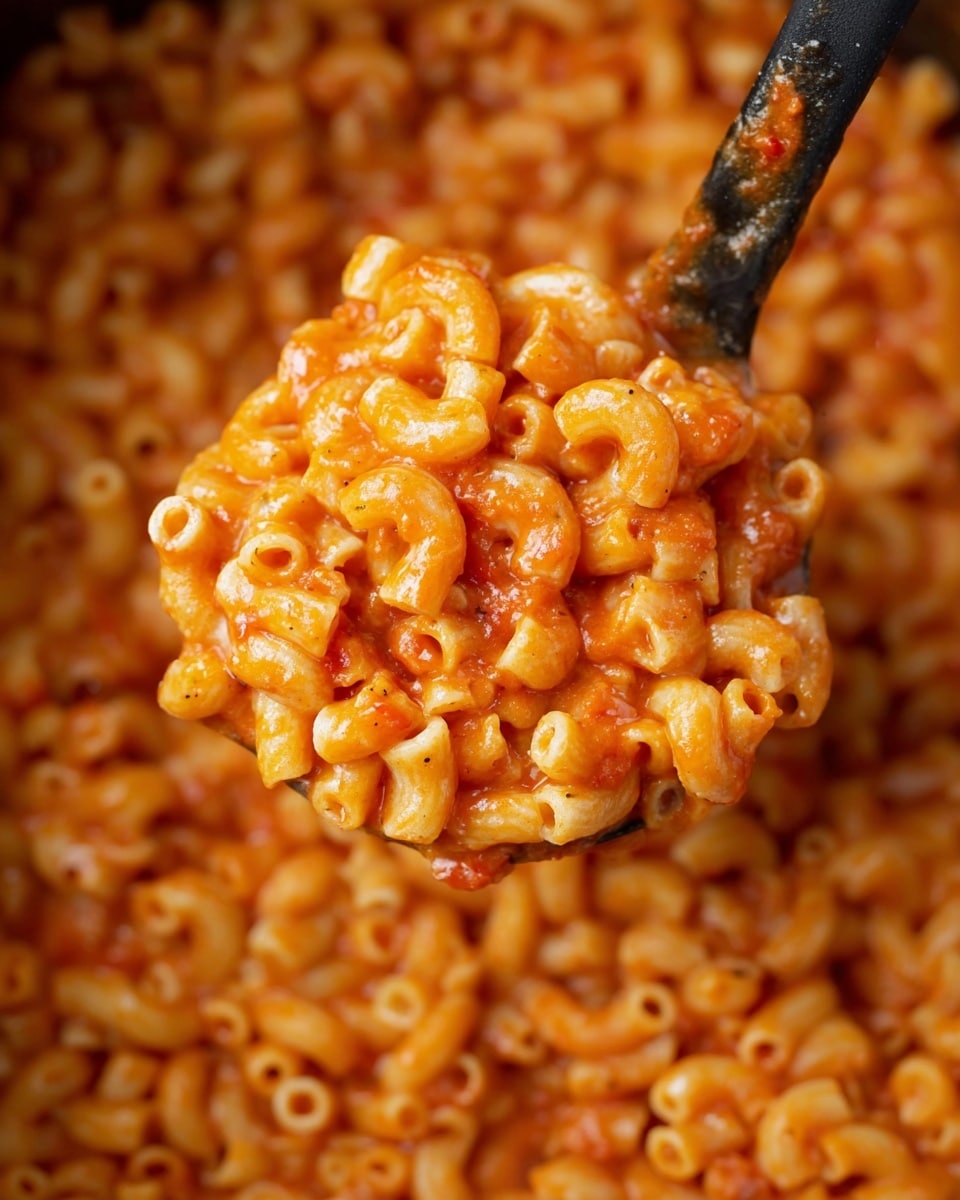 A close-up view shows small, tube-shaped pasta mixed evenly with a thick orange-red tomato sauce, coated well and filling a black ladle that is lifting a portion. The pasta is uniformly cooked and smooth, with the tomato sauce giving a glossy and slightly chunky texture throughout. The background is filled with the same pasta and sauce mix, giving the image a warm and rich look. The photo taken with an iphone --ar 4:5 --v 7