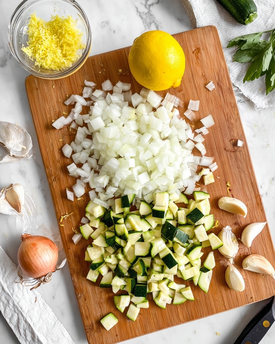The image shows a wooden cutting board on a white marbled surface with diced white onions spread out on the lower half and chopped green zucchini pieces placed above them. A whole yellow lemon sits near the top center of the board, with some lemon zest in a small glass bowl close to the top left corner. To the right side of the board, there are three peeled garlic cloves, and some green leafy herbs lay partially on a white paper towel in the upper right corner. The edge of a knife is visible at the bottom right, and a peeled onion skin is partly seen at the bottom left. Photo taken with an iphone --ar 4:5 --v 7