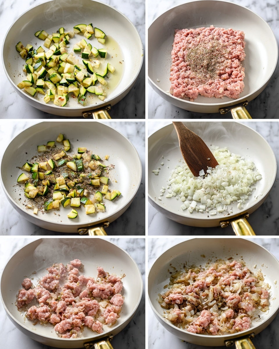 The collage shows six images of cooking steps in a white pan with a gold handle on a white marbled stovetop. The first image shows small green pieces of zucchini being cooked in a thin layer of oil, scattered evenly across the pan. In the second image, the zucchini pieces are darker and caramelized, mixed with small white chopped garlic pieces in the middle. The third image shows a large slab of raw pink ground meat with black pepper sprinkled on top, with a wooden spatula starting to break it apart. In the fourth image, the meat is mostly broken into smaller pieces, cooking with some pink still visible and steam rising. The fifth image shows a big pile of finely chopped white onions placed evenly on top of the partially cooked meat. The last image displays the meat fully cooked and brown, mixed with softened translucent onions, all spread evenly in the pan with steam rising. photo taken with an iphone --ar 4:5 --v 7