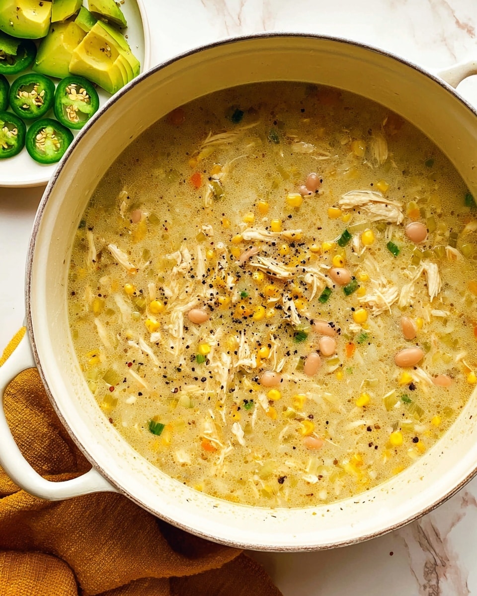 The image shows a large white pot filled with creamy chicken soup. The soup has a light yellowish color mixed with many small pieces of shredded chicken, light pink beans, yellow corn kernels, and small green vegetable bits. The soup is sprinkled with black pepper on top, giving it a slightly speckled look. To the top left, a white plate holds sliced green jalapeños and chunks of avocado. The pot sits on a white marbled surface with a mustard yellow cloth beneath one handle. Photo taken with an iphone --ar 4:5 --v 7