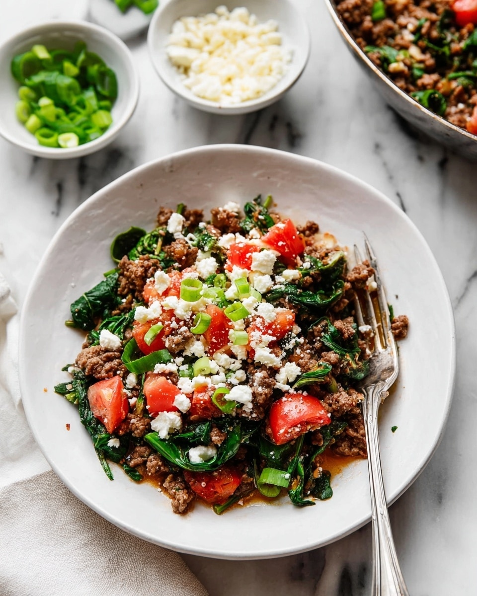 A white plate holds a colorful dish with four main layers: the bottom layer is dark green spinach leaves mixed with brown cooked ground meat, the next layer shows bright red tomato pieces scattered on top, followed by small white crumbled cheese sprinkled over the dish, and finally chopped green onions also sprinkled throughout. A silver fork is resting on the plate’s right side, partially sunk in the food. The plate sits on a white marbled surface with two small bowls in the background, one with green onions and the other with white cheese, and a metal pan with more of the cooked mixture afar. The photo taken with an iphone --ar 4:5 --v 7