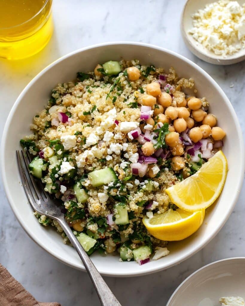 Jennifer Aniston Salad with Quinoa, Cucumber, Fresh Herbs, Pistachios, Chickpeas, and Feta Recipe