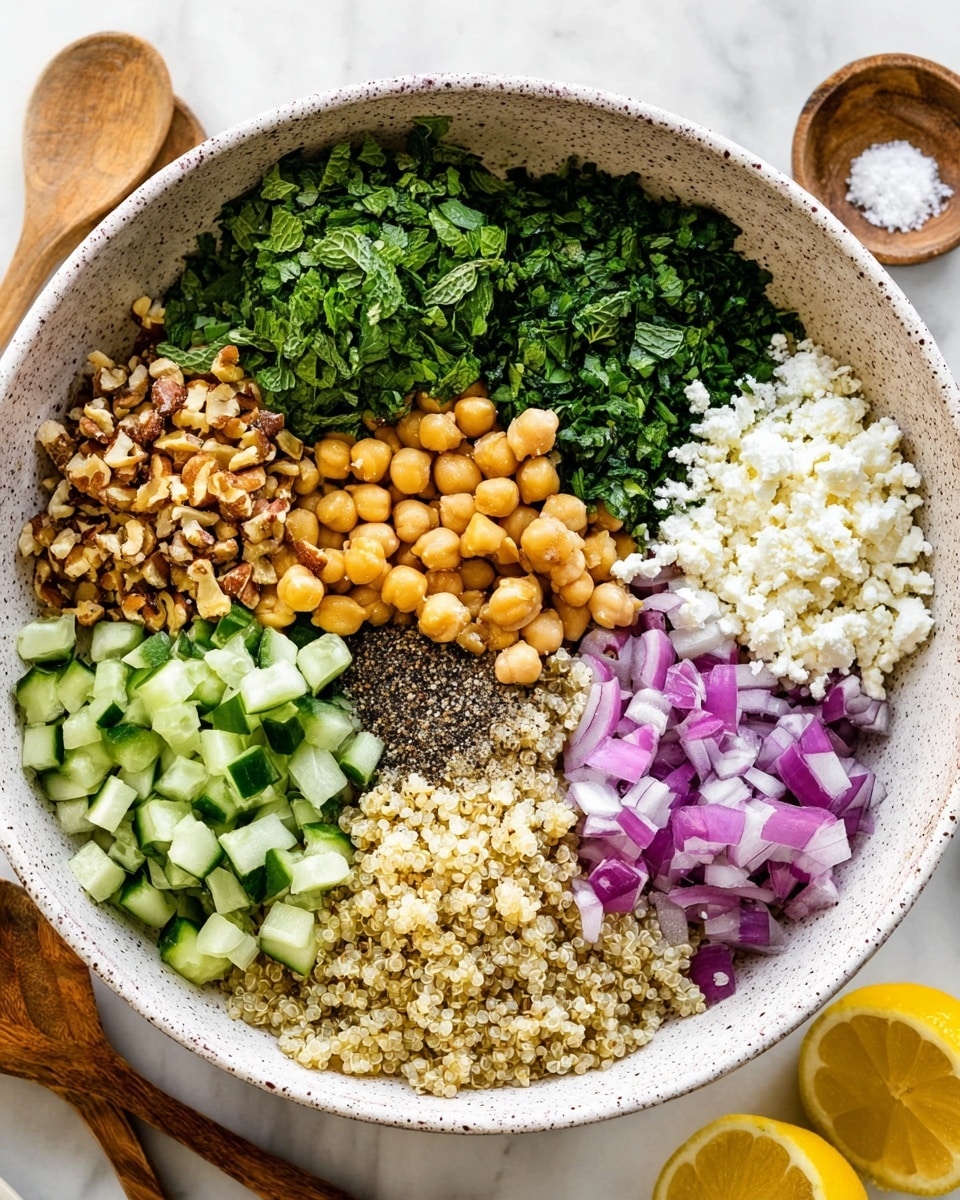 A white speckled bowl full of many chopped ingredients placed carefully in separate sections. Starting from the top left, bright green chopped mint leaves are next to golden brown chopped nuts in the center top. Top right shows dark green chopped parsley next to white crumbled cheese sitting just above a pile of light beige chickpeas. Bottom right contains cooked light tan quinoa, while the bottom left is filled with light green chopped cucumber and vivid purple chopped red onion. In the center are small piles of black pepper and white salt. The bowl sits on a white marbled surface, with wooden salad utensils on the left and some lemon halves on the right. Photo taken with an iphone --ar 4:5 --v 7