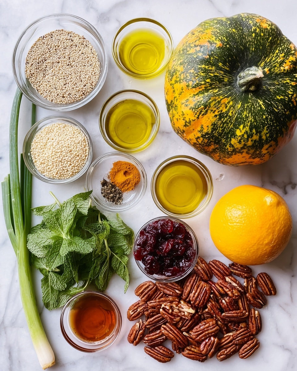 A variety of ingredients are spread out on a white marbled surface. On the top right, there is a whole green pumpkin with light yellow spots, next to a bright orange orange fruit. Below the pumpkin and orange, there are many brown pecan nuts scattered around a few clear glass bowls holding yellow oil, light yellow mustard, red paprika powder, black pepper, and salt. To the left of the nuts is a yellow lemon, with a bunch of fresh dark green mint leaves below it. Above the lemon, a glass bowl contains small, round, white quinoa grains, and above that, another glass bowl holds dark red dried cranberries. On the far left, a single green onion is placed vertically next to a small glass bowl filled with amber honey. photo taken with an iphone --ar 4:5 --v 7