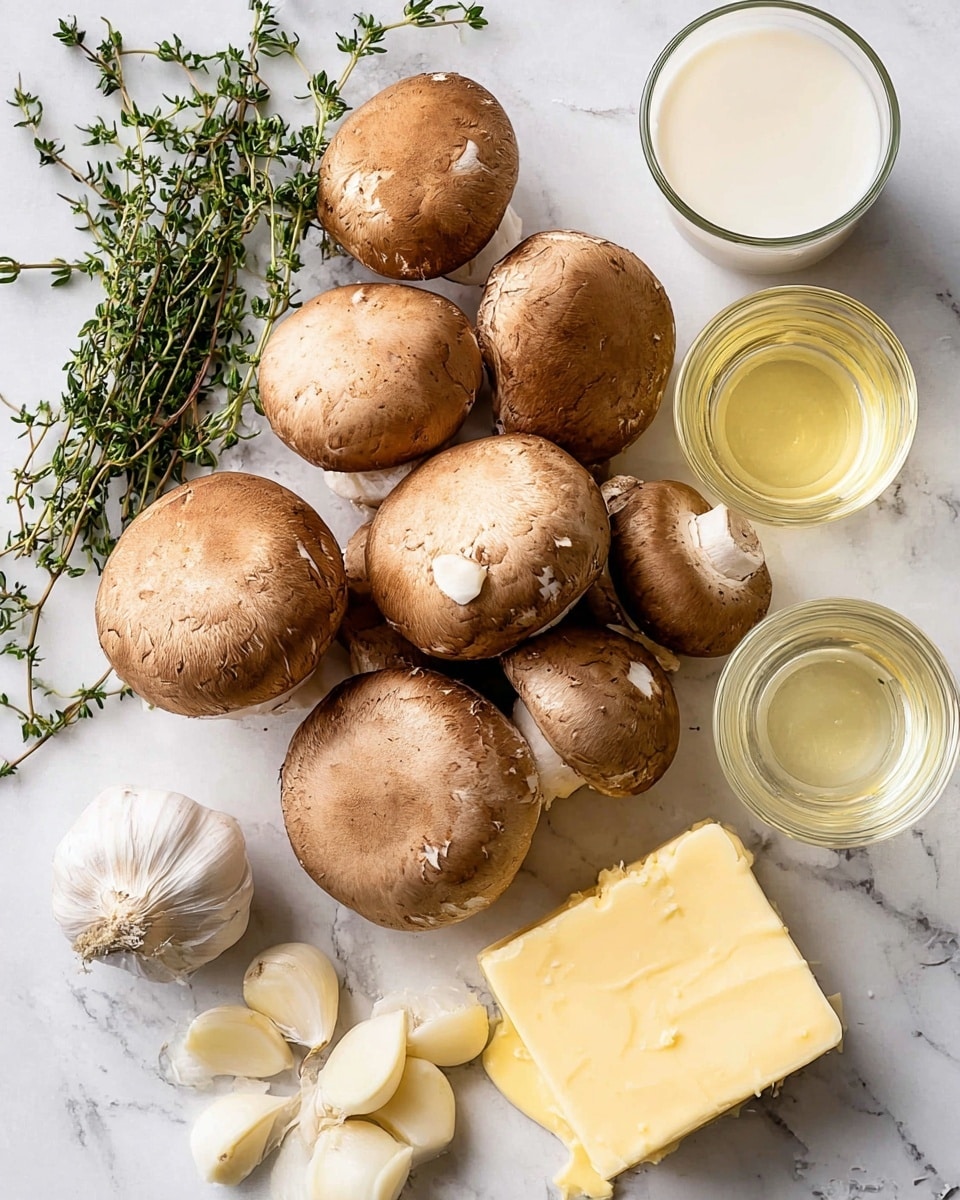 This image shows a group of brown mushrooms placed in the center on a white marbled surface, surrounded by a few sprigs of green thyme leaves on the left side. Below the thyme are several garlic cloves with third sliced open slightly. On the top right side, there is a glass filled with a creamy white liquid and next to it a smaller glass with a pale yellow liquid. Another small glass with a lighter yellow liquid is positioned near the middle, slightly to the right and in front of it lies a square piece of pale yellow butter. The mushrooms have a smooth and slightly textured surface, and the overall setup is bright and clean. photo taken with an iphone --ar 4:5 --v 7