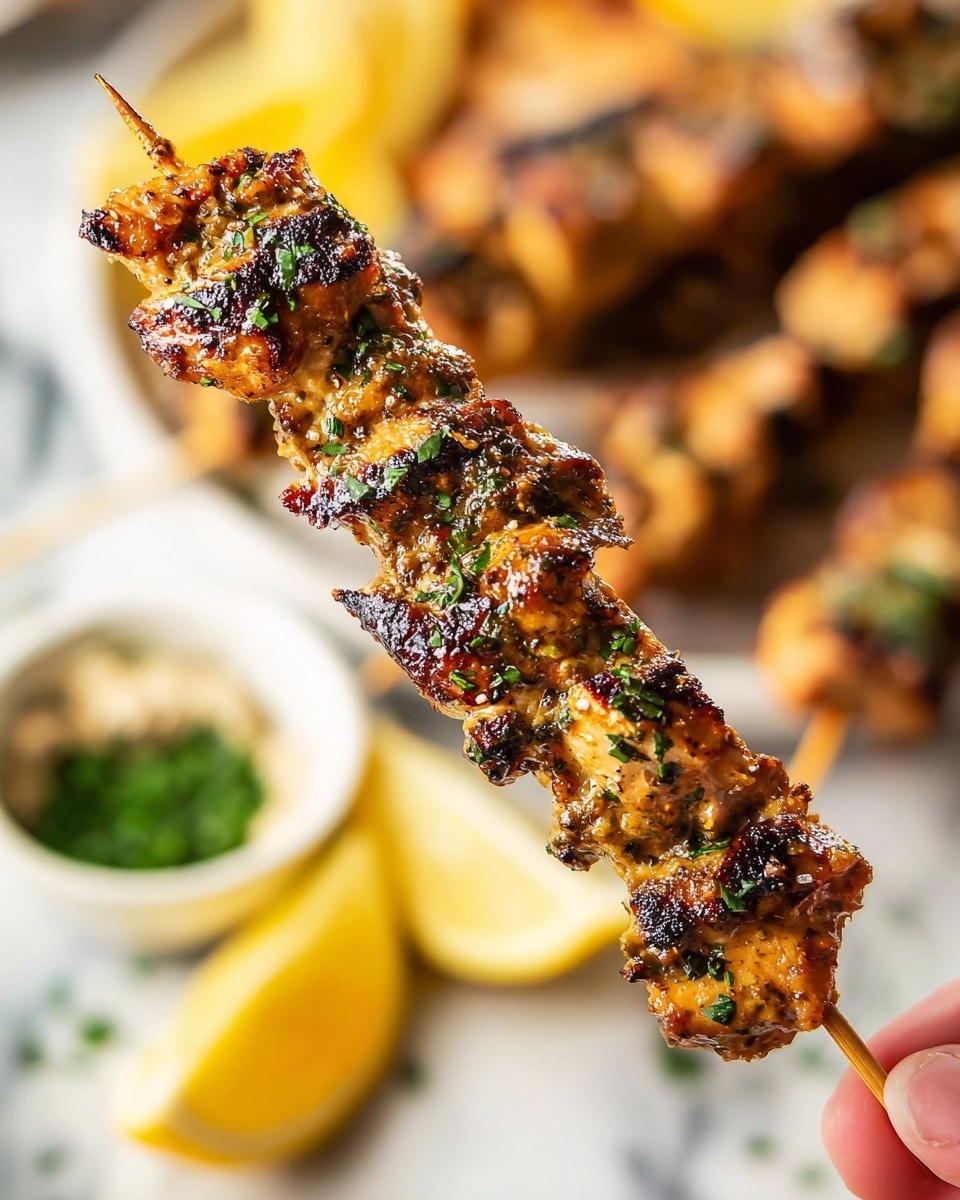 A skewer with four pieces of grilled meat is held by a woman's hand on the right side of the image. The meat is golden brown with charred spots and sprinkled with small green herb leaves. The background shows blurred grilled meat skewers, some lemon wedges with yellow color, and a small white bowl containing green herbs, all set on a white marbled surface. Photo taken with an iphone --ar 4:5 --v 7