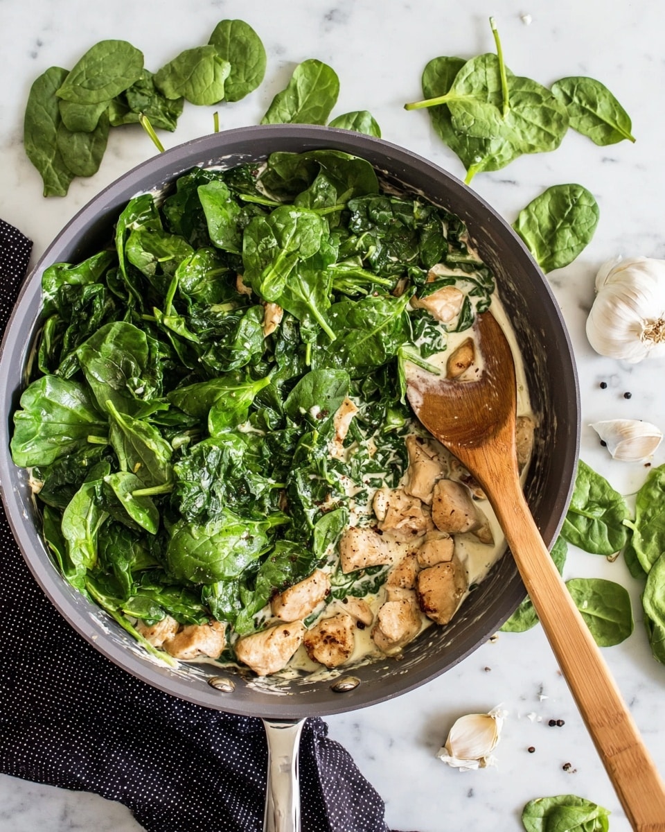 The image shows a gray frying pan filled with three main layers: at the bottom are light browned chicken pieces, the middle layer is creamy white sauce with some black pepper specks, and the top layer is fresh green spinach leaves that are large and glossy. A wooden spoon with a smooth texture rests on the right side, partially inside the pan among the spinach. The pan sits on a white marbled surface scattered with some fresh spinach leaves and garlic cloves. Next to the pan is a black cloth with white dots photo taken with an iphone --ar 4:5 --v 7