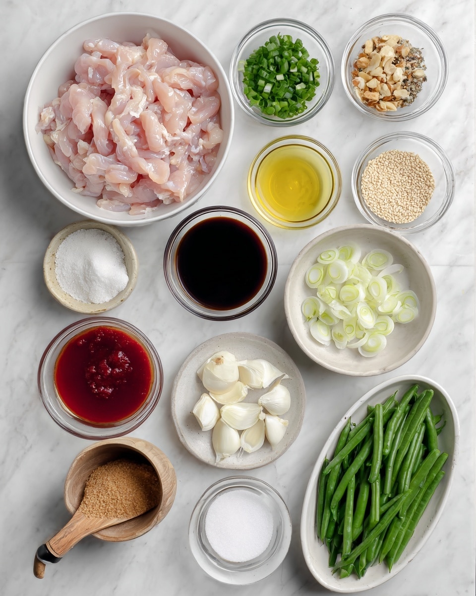 The image shows an arrangement of raw ingredients on a white marbled surface, each in a separate small bowl or plate. At the top left, there is a white bowl filled with thin strips of raw pink chicken. Around it, from top to bottom and left to right, there are small clear bowls containing dark soy sauce, chopped green onions, light yellow cooking oil, sliced shallots and garlic cloves on a white plate, white cornstarch on a small dark bowl, bright red sauce in a small clear bowl, brown sugar in a small white bowl with a handle, raw sesame seeds in a small wooden bowl, and fresh green beans in an oval white bowl. Everything is neatly arranged and the colors range from pale pink and white to green and brown. Photo taken with an iphone --ar 4:5 --v 7