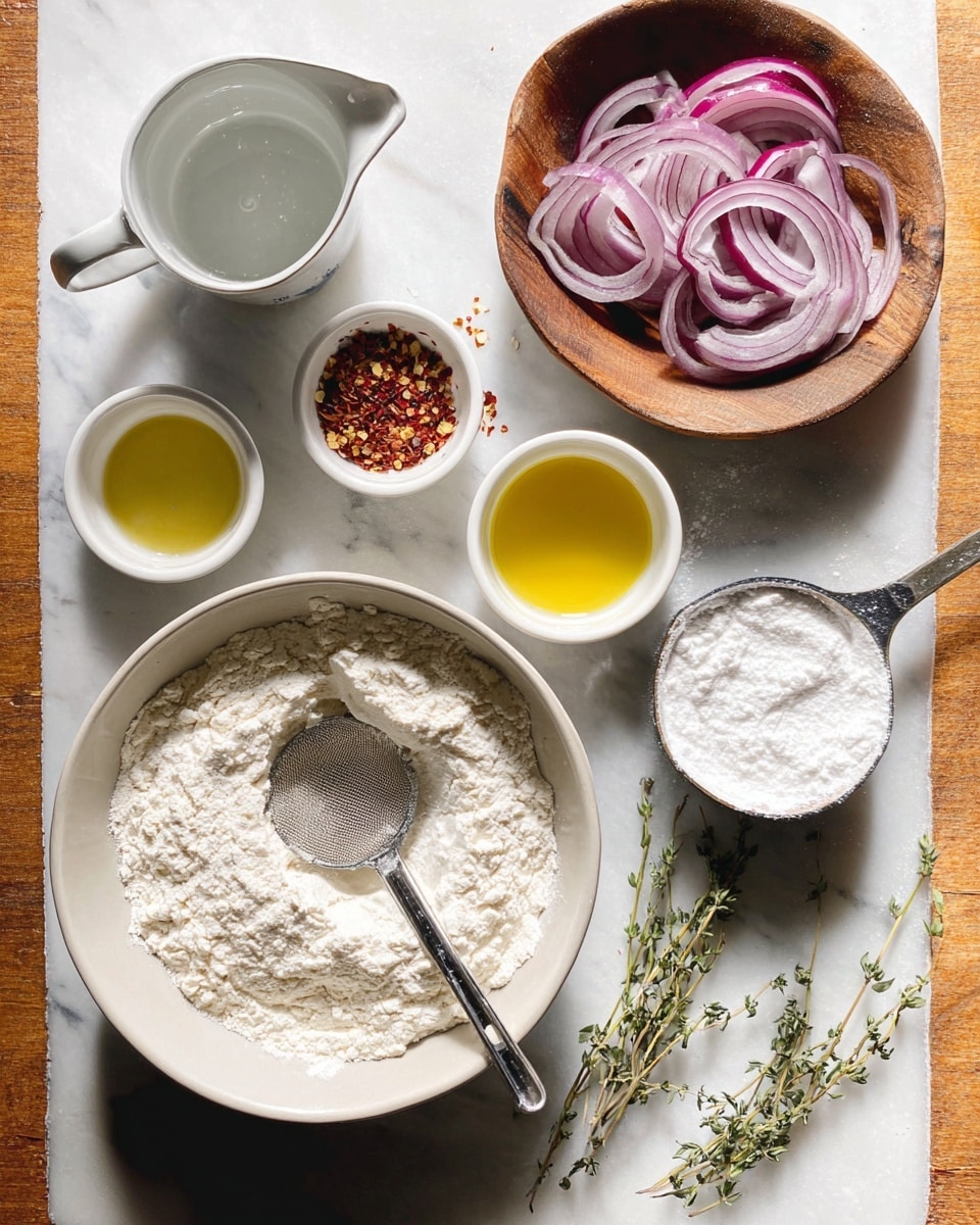 The image shows several bowls and spoons of baking ingredients arranged on a white marbled surface. At the bottom left, a large bowl filled with white flour has a metal measuring spoon holding dry yeast in its center. Above it, a small white bowl contains red pepper flakes, to the right of it is a small bowl with yellow olive oil. On the right side, a white bowl holds white salt with two fresh green thyme sprigs resting on top. Above this, a wooden handled bowl has thin slices of purple and white onion neatly arranged. A white measuring cup with water is positioned at the top left. A metal spoon with white baking powder rests on the right side of the arrangement. The overall setting is clean with a natural light source showing soft shadows. Photo taken with an iphone --ar 4:5 --v 7