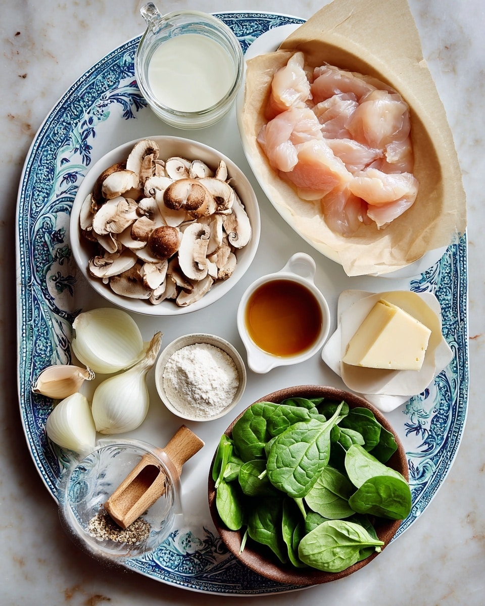 A large white plate with blue patterns holds several dishes of ingredients neatly arranged. In the top right, thin pale pink raw chicken pieces rest on light brown parchment paper in a round dish. To the right, an oval white dish is filled with chopped brown mushrooms atop white parchment. Below the chicken, a small white cup contains brown liquid. At the bottom right, a small round bowl is filled with fresh, bright green spinach leaves. On the left side, a small brown bowl has a halved white onion and two peeled garlic cloves. Near the bottom left corner, a glass bowl contains white liquid, next to a small square white dish holding a wooden scoop of light flour. A small white creamer has a pale yellow liquid inside. In the center bottom, a small white bowl shows a triangular piece of pale yellow cheese resting on parchment. Small amounts of butter and ground pepper in mini dishes complete the composition, all set on a white marbled surface photo taken with an iphone --ar 4:5 --v 7