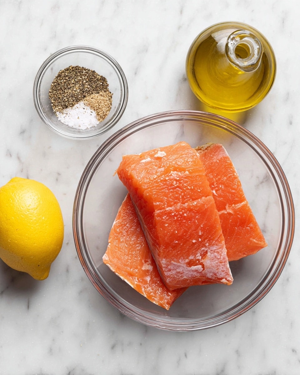 In the center, there is a clear glass bowl holding three thick pieces of raw salmon with bright orange flesh and bits of skin along the edges. To the left of the bowl is a whole yellow lemon with a smooth texture. Above the lemon is a small clear glass bowl filled with mixed coarse salt and black pepper. To the right of the salmon bowl is a clear glass bottle filled with golden olive oil. All items are set on a white marbled surface. photo taken with an iphone --ar 4:5 --v 7