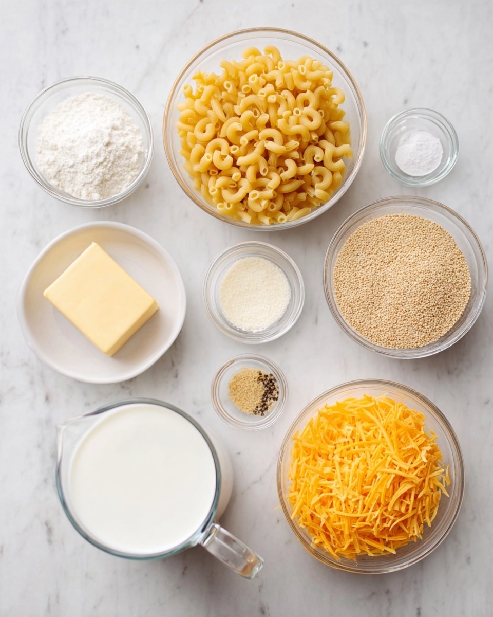The image shows nine clear and white containers with ingredients neatly arranged on a white marbled surface. Starting from the bottom left, there is a small white bowl holding a square piece of pale yellow butter. Above it to the left center is a large clear bowl filled with dry elbow macaroni pasta in a light golden yellow color. Next to the pasta on the right, there is a medium clear bowl with fine light brown breadcrumbs. Centered at the bottom is a clear glass measuring cup with a handle, filled with white milk. To its right are two small clear bowls stacked vertically, the top one filled with bright orange shredded cheddar cheese and the bottom one with off-white shredded cheese that is finer and lighter in color. In the top center, there is a small clear bowl holding a white powder, likely flour. To the left of this is a tiny clear bowl with white salt and black pepper. To the right of the flour bowl is a tiny clear bowl containing pale yellow mustard. The containers' colors and textures contrast softly with the clean white marbled surface. Photo taken with an iphone --ar 4:5 --v 7