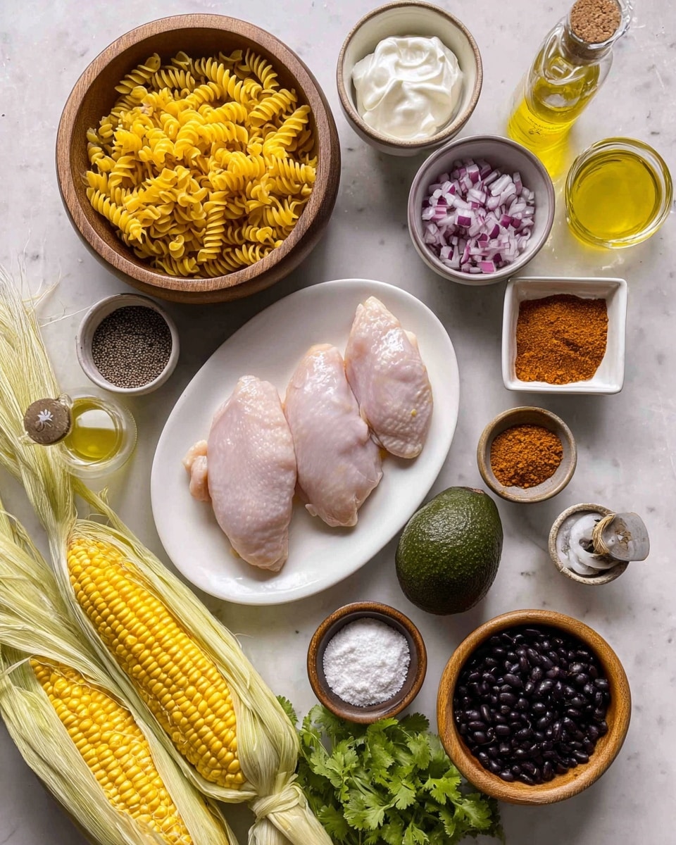 The image shows a variety of food ingredients neatly arranged on a white marbled surface. At the top left, there is a wooden bowl filled with yellow spiral pasta. Below it to the left, two raw pale chicken pieces lie on a white oval plate. To the right of the chicken, a small wooden bowl has chopped purple onions, and next to it, a white square dish contains a reddish-orange spice mix. Further right, a whole dark green avocado sits beside a small white bowl filled with coarse salt and a tiny bottle with a greenish-yellow liquid. Near the top center, another small wooden bowl holds white sour cream, while behind it, two glass containers hold yellow cooking oil. At the bottom left, three large yellow corn cobs with husks partially pulled back rest on the surface. Nearby, small white bowls contain black pepper and another reddish spice. At the bottom right is a wooden bowl with black beans, and fresh green coriander leaves peek in from the bottom edge. The photo was taken with an iphone --ar 4:5 --v 7
