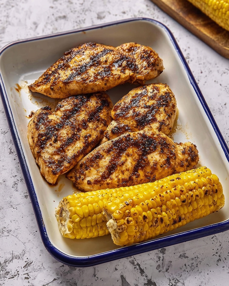 A white rectangular enamel tray with a thin blue rim holds four pieces of grilled chicken with a golden brown color and black grill marks scattered on top. At the bottom of the tray, two bright yellow grilled corn cobs with charred spots lay side by side, showing a textured pattern of kernels. The tray sits on a surface with a white marbled texture. Photo taken with an iphone --ar 4:5 --v 7
