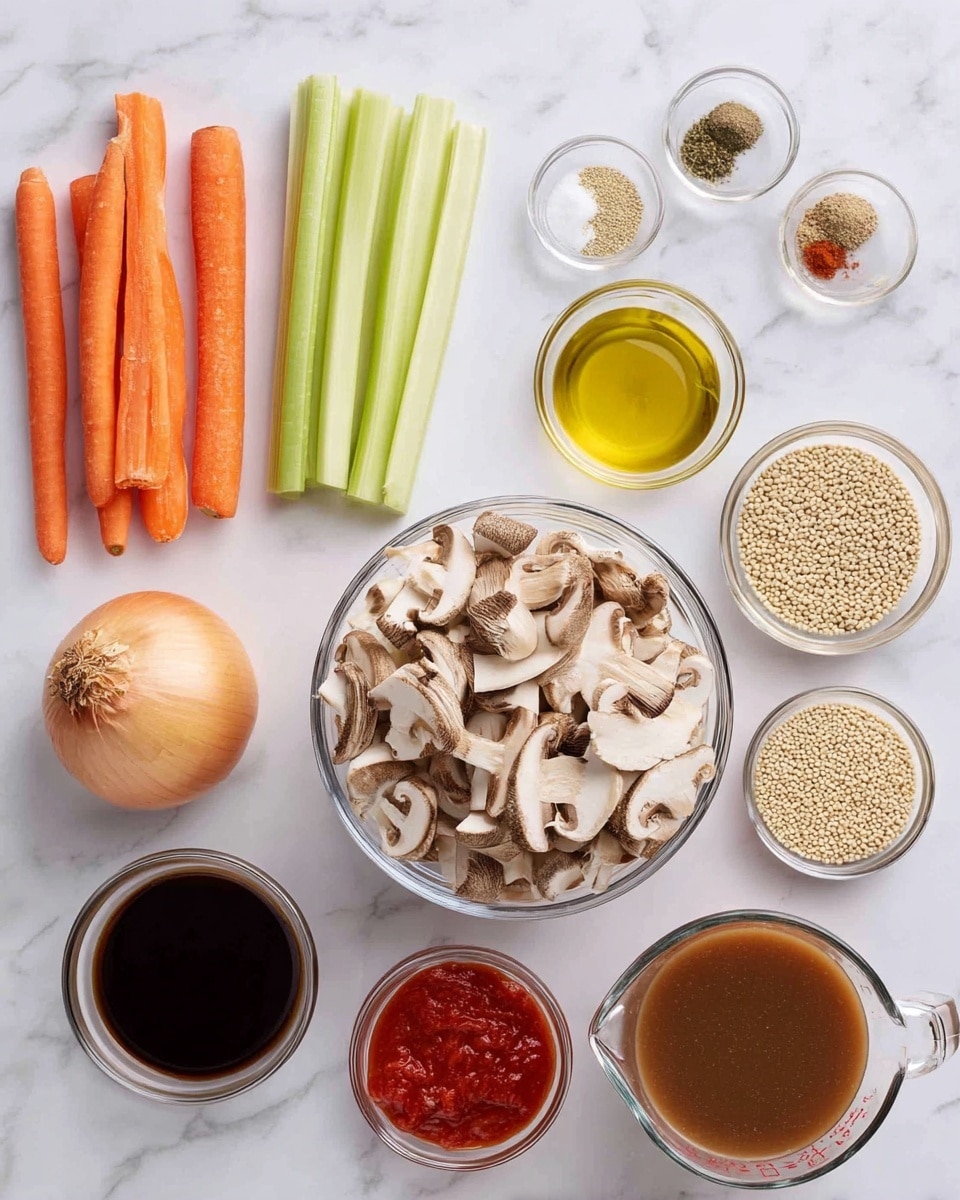 The image shows a white marbled surface with clear glass bowls and fresh vegetables arranged neatly. In the middle, there is a large clear bowl filled with sliced brown mushrooms with different shades of beige and brown. Around it, on the left, are three whole carrots with a bright orange color, three celery sticks in light green, and three peeled cloves of garlic in white. Above the carrots and celery, there is a small clear bowl filled with four spices in separate sections: white, light green, red, and light brown. A small bowl of golden olive oil is below the spices. To the right of the mushrooms, there is a whole light brown onion and a small clear bowl filled with beige grains. Further right, there is a glass measuring cup filled with brown broth. In front of the broth, a small clear bowl holds smooth red tomato paste. Above the mushrooms, a small clear bowl contains a dark soy sauce. The arrangement is clean and well-spaced on the white marbled surface photo taken with an iphone --ar 4:5 --v 7
