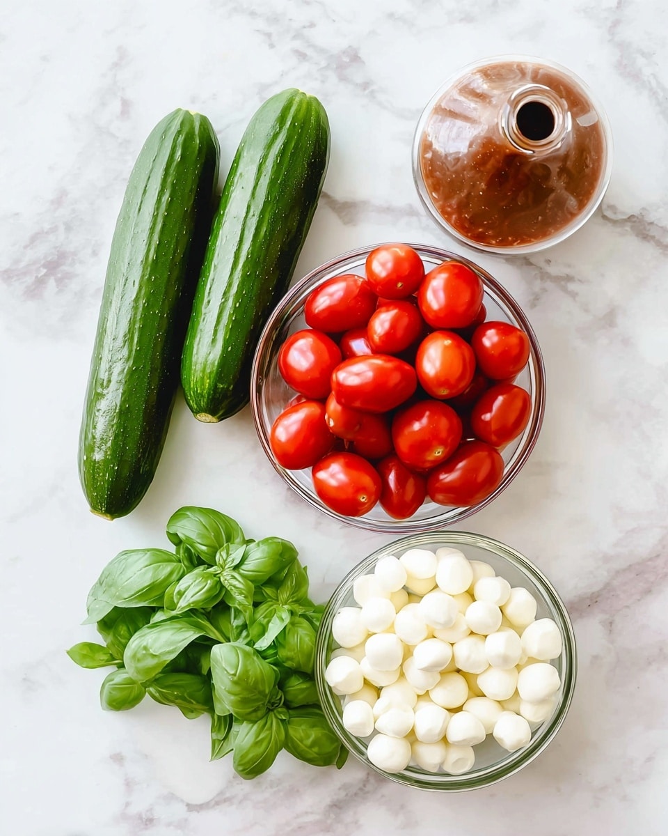 The image shows fresh ingredients on a white marbled surface including two long green cucumbers on the top left, a small bunch of bright green basil leaves below them, a glass bowl filled with small red grape tomatoes in the center, and a glass bowl filled with white mini mozzarella balls below the tomatoes. On the top right, there is a clear glass bottle with brown dressing inside. The colors are vibrant with green, red, white, and brown standing out clearly. photo taken with an iphone --ar 4:5 --v 7