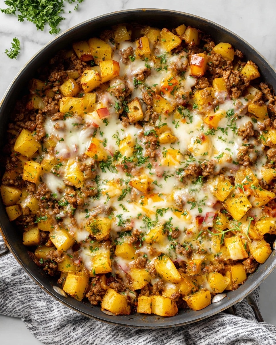 A round black pan filled with a cooked mix of small yellow potato cubes with some red skin showing, browned ground meat, melted white and slightly orange cheese spread unevenly over the top, and garnished with small bits of green herbs scattered all over. The potatoes and meat are mixed closely, creating a textured, hearty look with some slight browning on the potatoes. The pan is placed on a white marbled surface with a partially visible gray-striped cloth below it. photo taken with an iphone --ar 4:5 --v 7
