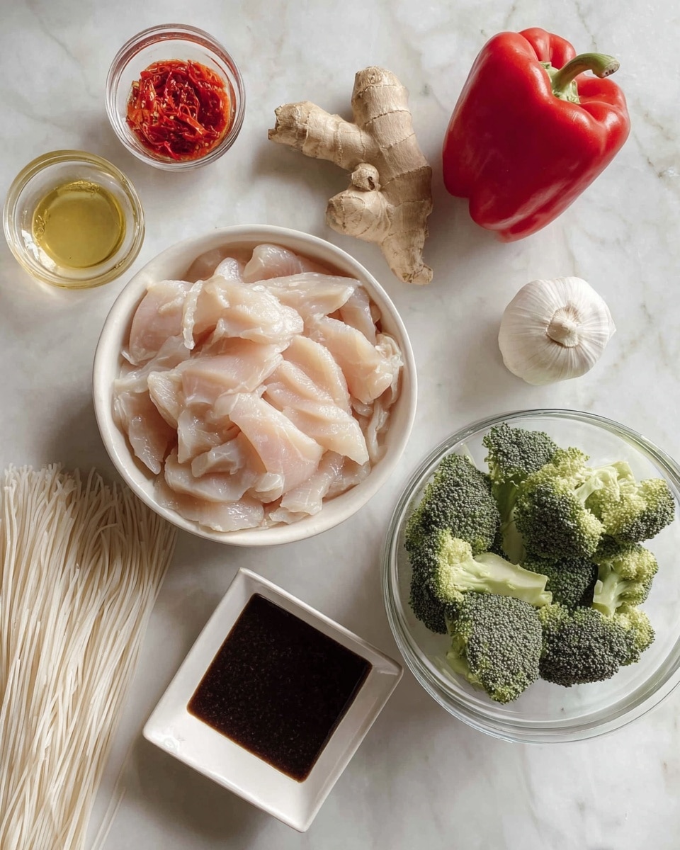 The image shows ingredients for a meal arranged on a white marbled surface. In the center, there is a white round bowl filled with raw, pale pink chicken slices. To the top right, there is a whole red bell pepper, and below it, a whole garlic bulb. Next to the garlic, fresh ginger root is placed. At the bottom right corner, a clear glass bowl holds bright green broccoli florets. Towards the left side, uncooked light beige rice noodles lie flat. Surrounding the main ingredients are small bowls and containers: a small glass bowl of red chili paste above a clear glass bowl with a light yellow liquid, a small round glass bowl of dark soy sauce near the broccoli, and a square white bowl with thick dark brown sauce near the bottom left. Photo taken with an iphone --ar 4:5 --v 7