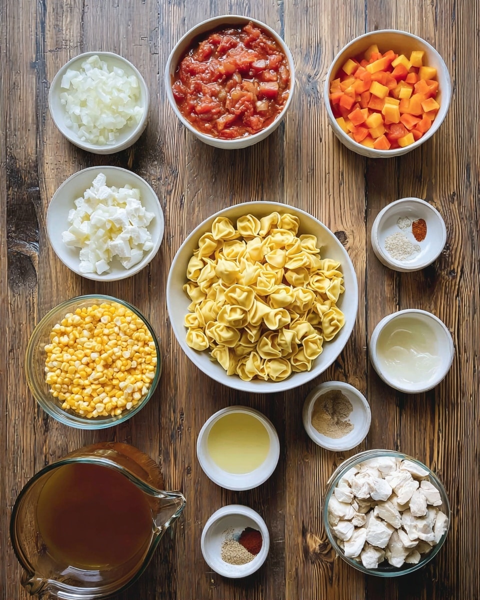The image shows several bowls and measuring cups arranged neatly on a wooden table. In the center, there is a bowl filled with yellow tortellini pasta. Surrounding it are small white bowls and measuring cups containing different ingredients: bright red tomato sauce with chunks in the top left, finely chopped white onions in a measuring cup on the left, bright orange diced bell peppers in a white bowl on the right, yellow corn kernels in a glass bowl at the bottom left, a bowl of white cottage cheese near the bottom center, chopped white chicken pieces in a white bowl at the bottom right, a small bowl with light yellow liquid near the right, a small measuring cup with minced garlic, and a small bowl containing various spices like salt, chili powder, and cumin at the top center. At the bottom left is a glass measuring cup filled with brown liquid broth. The bowls and cups contrast with the wooden table beneath them. photo taken with an iphone --ar 4:5 --v 7