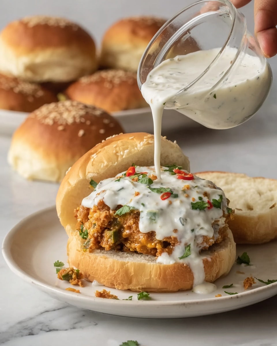 The image shows a sandwich open-faced on a white plate, set on a white marbled surface. The bottom layer is a soft, light brown bun slice. On top of that is a crispy, golden brown fried filling with some visible green herbs mixed in. The next layer is a thick white sauce being poured from a small clear glass bowl by a woman's hand, covering the fried filling. This sauce is creamy and smooth, decorated with small pieces of red pepper and green herbs. Behind the plate are three more bun tops, golden brown with sesame seeds, some whole and one sliced in half. Photo taken with an iphone --ar 4:5 --v 7