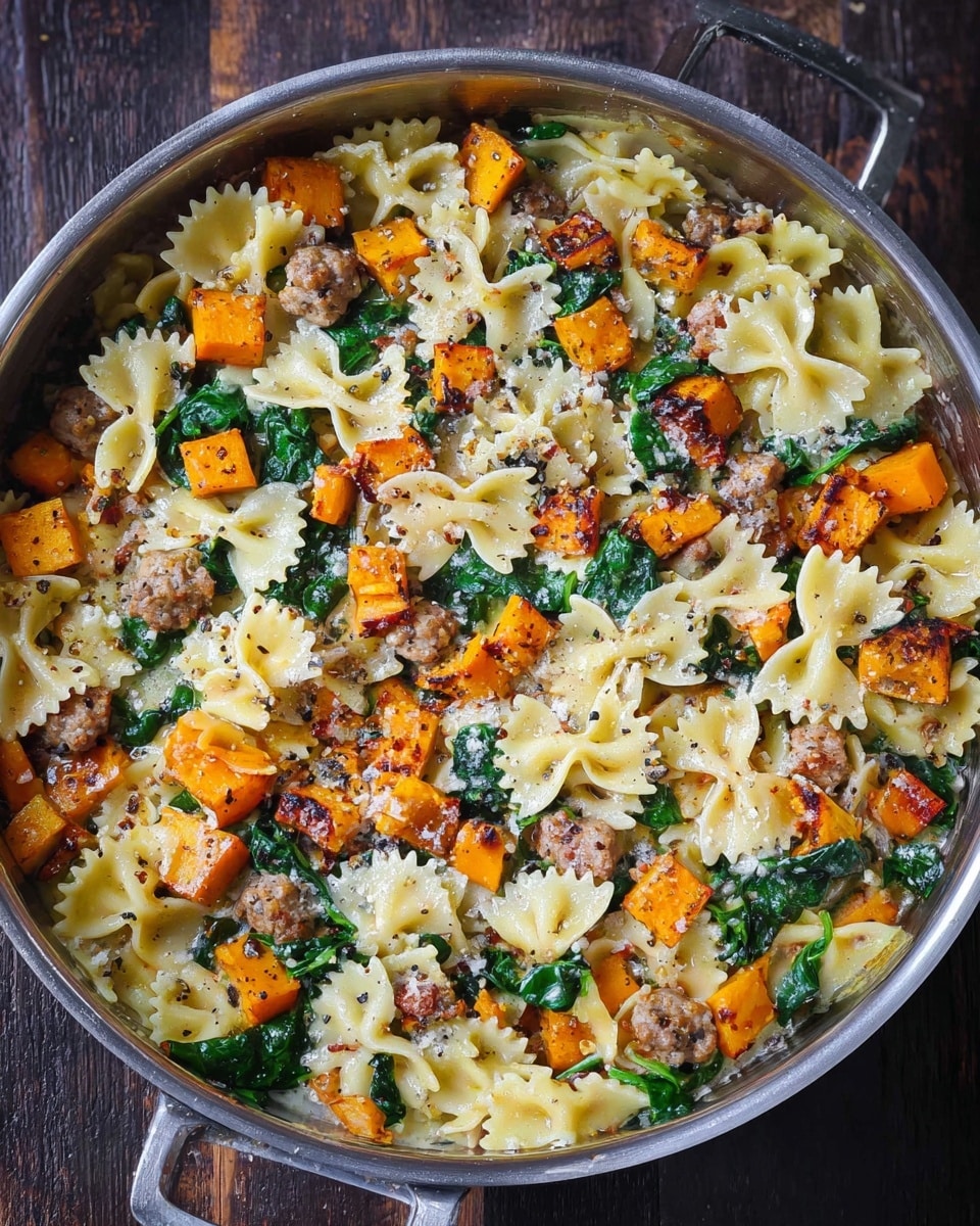 A white plate holds bowtie pasta mixed with small cooked sausage pieces, bright orange roasted sweet potato cubes, and wilted dark green spinach leaves. The pasta is creamy and lightly coated with sauce, and the sausage bits are browned, adding texture. The ingredients are spread evenly, showing a mix of white pasta with ruffled edges, orange cubes, small brown sausage bits, and green leaves on top. The plate sits on a white marbled surface photo taken with an iphone --ar 4:5 --v 7