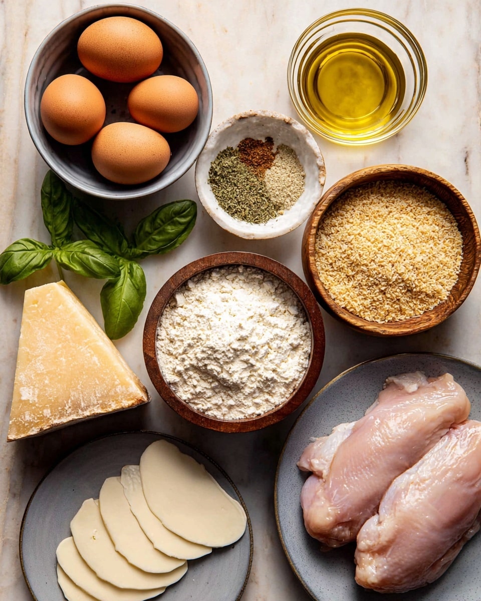 The image shows several ingredients placed on a white marbled surface: three brown eggs in a gray bowl at the top left, a small round white bowl with a mix of green and light yellow dry spices below it, a wedge of pale yellow cheese with a textured rind next to the spices, and a small plate with several white slices of cheese at the bottom left. In the center, there is a small brown wooden bowl filled with white flour, and to the right of it a round gray bowl filled with coarse golden breadcrumbs. Above the breadcrumbs is a small clear glass bowl with golden olive oil, and next to it fresh green basil leaves. At the bottom right, two raw light pink chicken pieces lie on a gray plate. photo taken with an iphone --ar 4:5 --v 7
