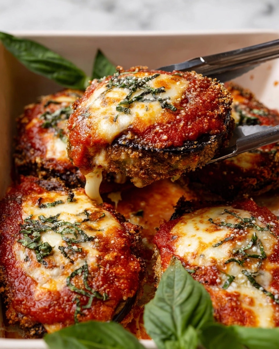 The image shows a white dish with three pieces of baked eggplant parmesan. Each piece has three main layers: a crispy browned eggplant base with a rough texture, a thick bright red tomato sauce covering the top, and melted light golden cheese sprinkled with small bits of chopped dark green basil leaves on top. The pieces are arranged close to each other, with some fresh whole dark green basil leaves used as decoration on the dish's edges. One piece is being lifted by tongs, showing its thick layers clearly. The dish is placed on a white marbled surface. photo taken with an iphone --ar 4:5 --v 7