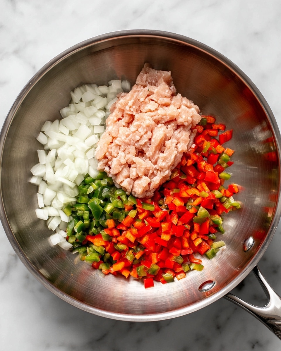In a round stainless steel pan placed on a white marbled surface, there are three main layers resting side by side: on the left side, small diced white onions with a slightly translucent texture; in the middle, a pale pink mound of raw ground meat with a soft, slightly fibrous appearance; on the right, a heap of finely chopped red and green bell peppers showing bright, fresh colors. The shiny inside of the pan reflects the colors and ingredients softly. Photo taken with an iphone --ar 4:5 --v 7