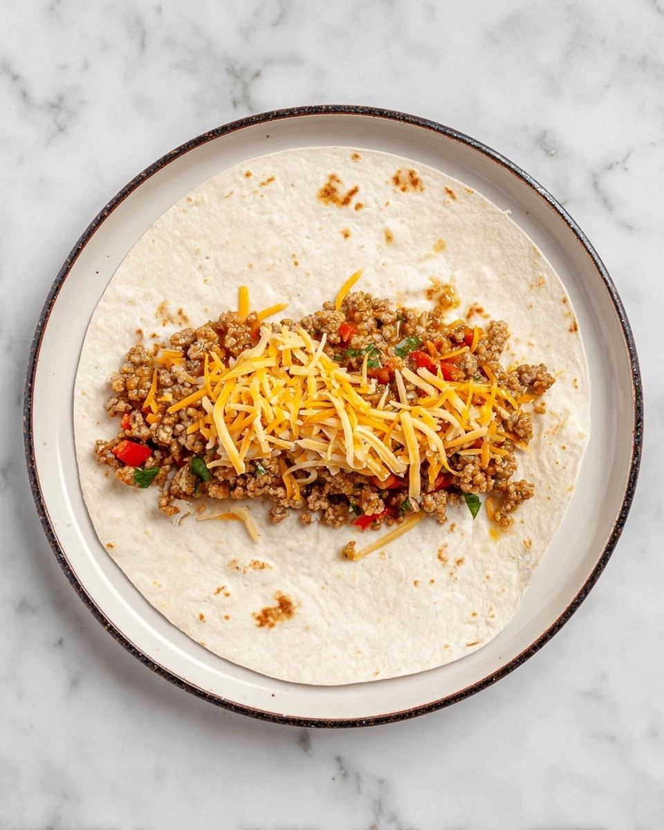A white tortilla flat on a white ceramic plate with a dark rim is shown from above on a white marbled surface. In the center of the tortilla, there is a horizontal layer of cooked ground meat mixed with small pieces of red bell pepper and green herbs. On top of the meat mixture, there is a layer of shredded yellow and white cheese scattered irregularly. The tortilla is plain, with some light brown toasting spots. The photo taken with an iphone --ar 4:5 --v 7
