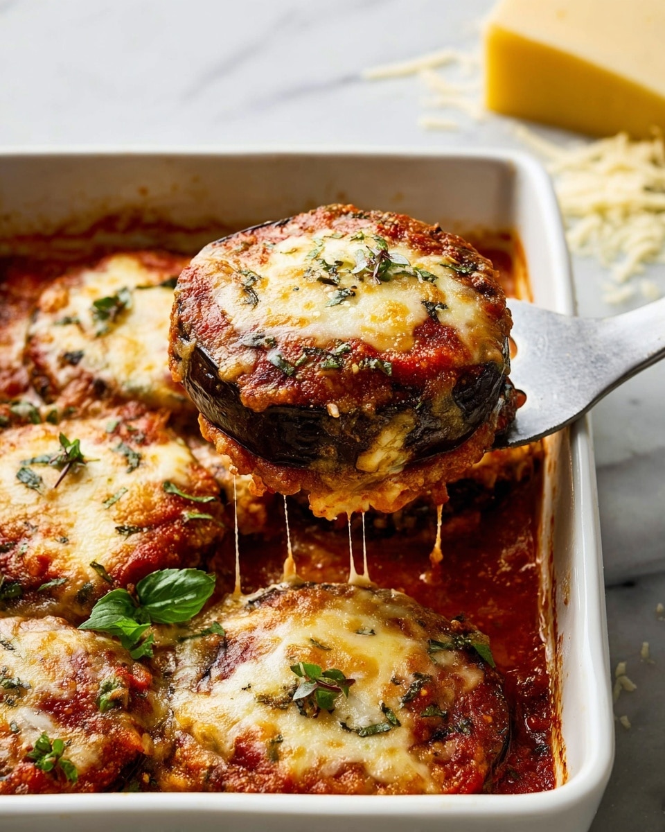 A white rectangular baking dish filled with round slices of eggplant parmesan layered in three visible parts: a crispy dark brown bottom eggplant slice, followed by a thick layer of red tomato sauce with a smooth texture, and topped with melted golden cheese with browned spots. The top cheese layer is sprinkled with small green herb leaves and fresh basil. A metal spatula lifts one slice, showing strings of melted cheese stretching from the dish. The background is a white marbled surface with a light yellow block of cheese and cheese shavings blurred in the corner photo taken with an iphone --ar 4:5 --v 7